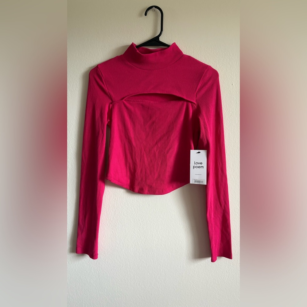 NanaMacs Ribbed Long Sleeve Cut-Out Top Magenta Pink Large